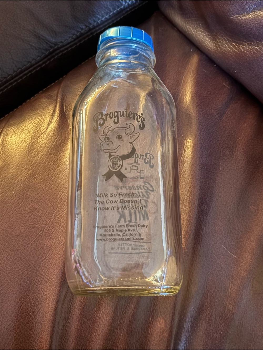 Broguiere's milk bottle California Dairy Black Print Blue Lid Preowned 8.5"